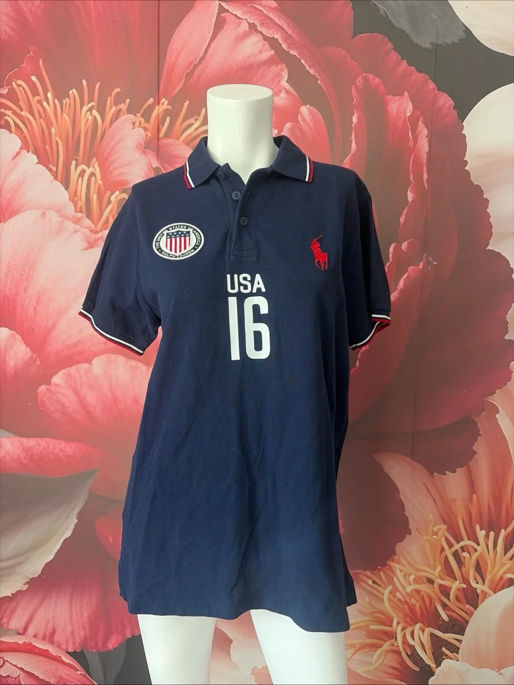 Polo Ralph Lauren USA 16 Big Pony Polo Shirt Navy Blue Men's M Custom Fit Flag